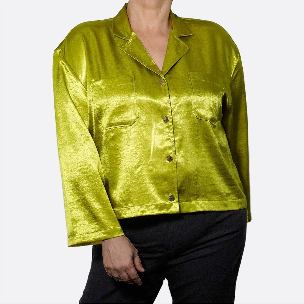 Calligraphie Electric Citrine Liquid Satin Button Down Blouse Luxe Plus Sz 1X XL